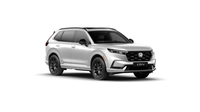 Immagine frontale a tre quarti del SUV Honda CR-V Hybrid bianco in studio.
